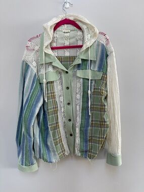 Women's POL Unique Lace Detailed Hooded Shirt Patchwork Raw Hem Edges Large